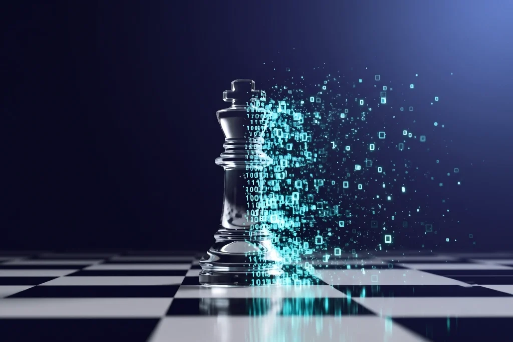 Schachfigur König auf einem Schachbrett, die sich in digitale binäre Datenpartikel auflöst als Symbol für digitale Transformation