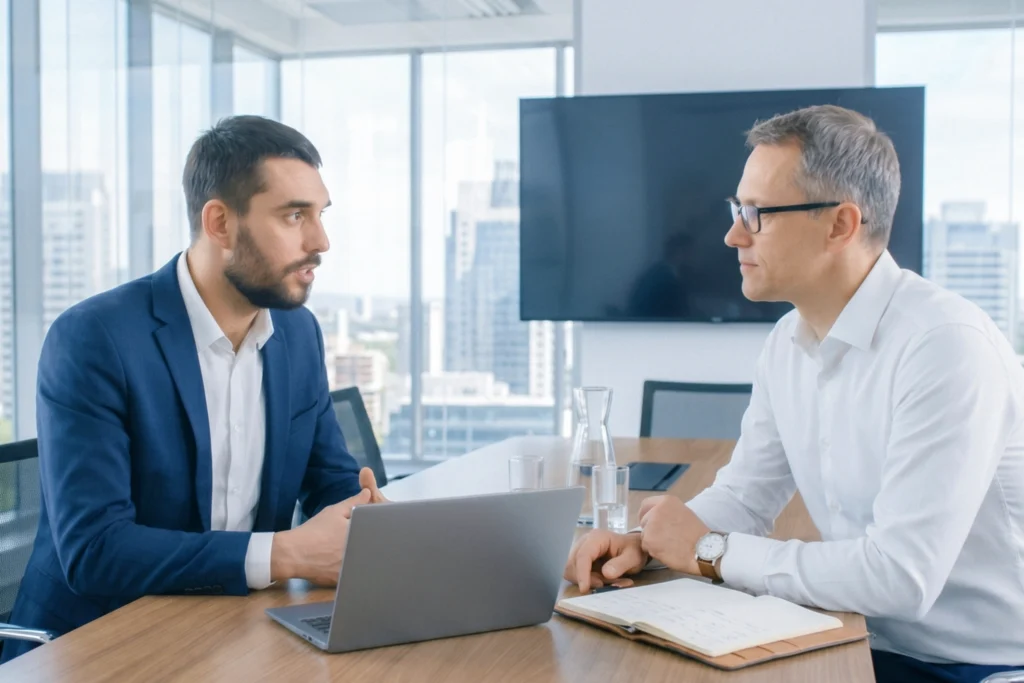 Zwei Geschäftsleute besprechen Unterlagen am Laptop in einem Büro mit Blick auf die Stadt