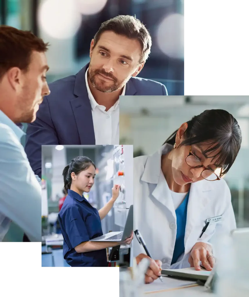 Collage: Berater im Gespräch, Mitarbeiterin in der Produktion mit Laptop und Ärztin bei der Dokumentation – M&A, Industrie und Healthcare