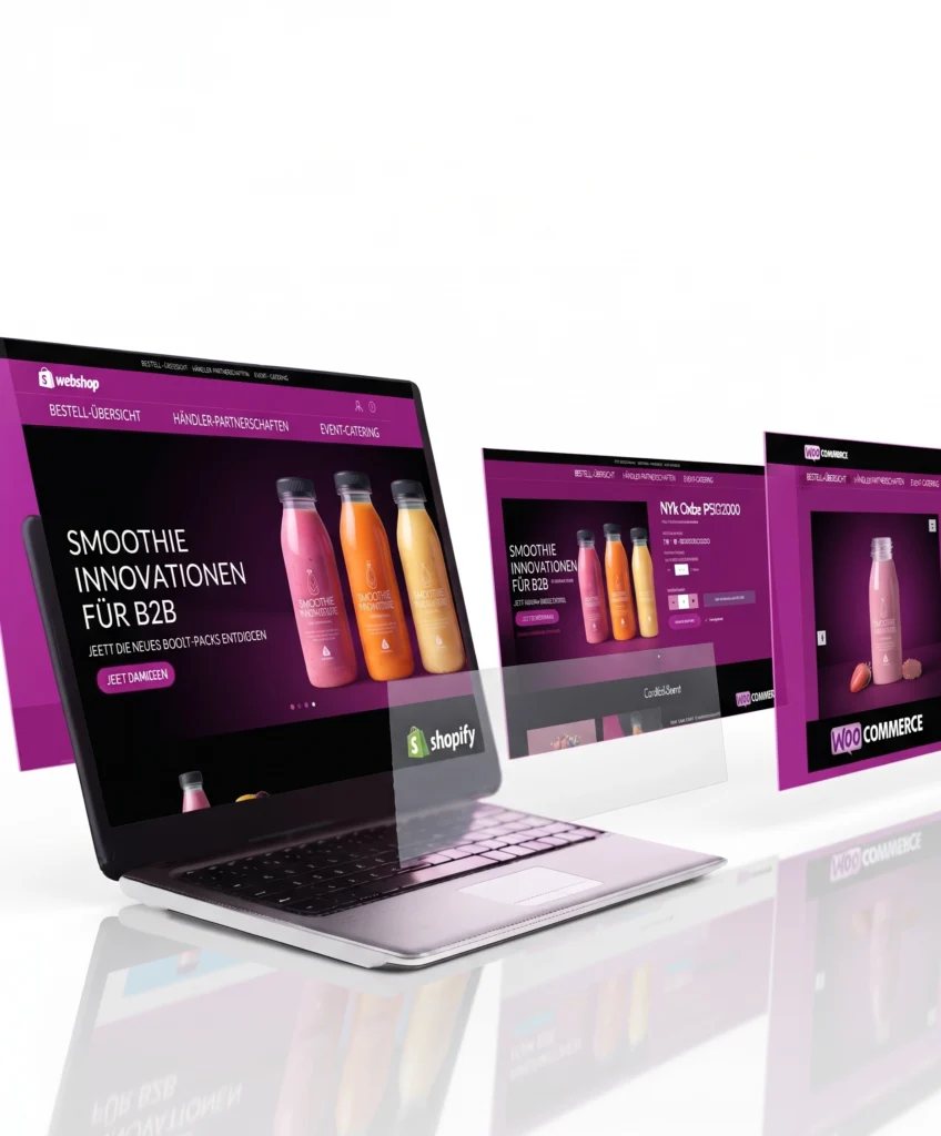 Laptop mit Online-Shop für Smoothies im B2B-Design, umgeben von Shopify- und WooCommerce-Vorschaufenstern