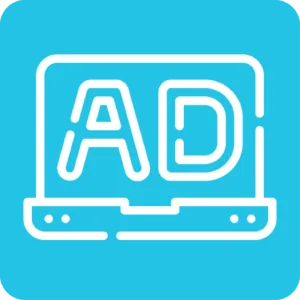 Icon eines Laptops mit dem Schriftzug AD für Online-Marketing