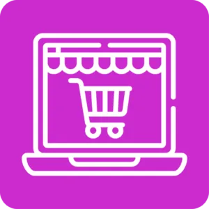 Icon eines Laptops mit Online-Shop und Einkaufswagen im Schaufenster