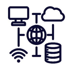 Icon eines vernetzten Systems aus Monitor, Cloud, WLAN und Server für Datenarchitektur und CRM-Hygiene