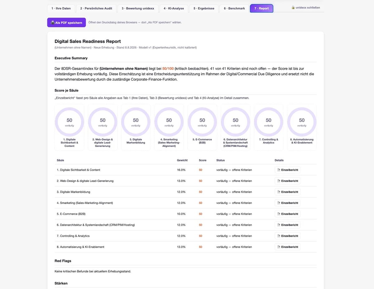 Screenshot der 8DSR-Software: automatisch generierter Digital Sales Readiness Report